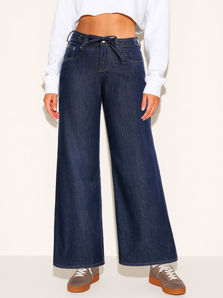 Casual Plain Wide Leg Drawstring Dark Blue Washed Jeans