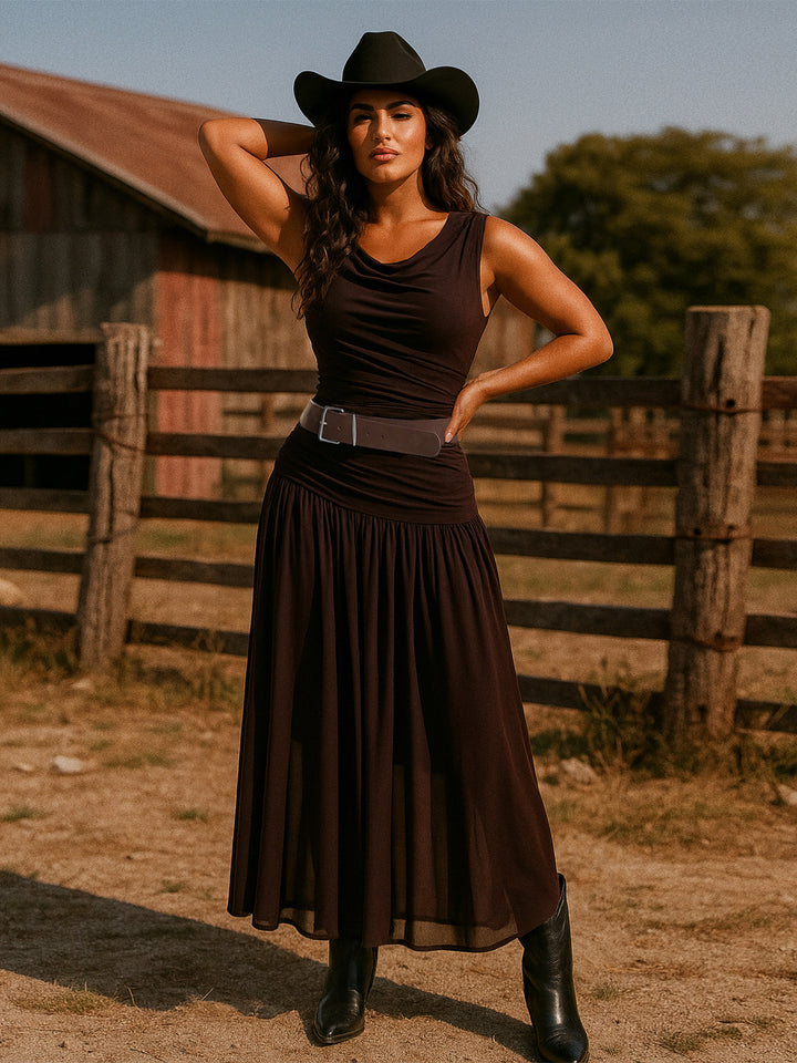 Casual Plain PU Belted Asymmetrical Cowl Neck Twist Shoulder Drop-Waist Ruched Maxi Mesh Dresses