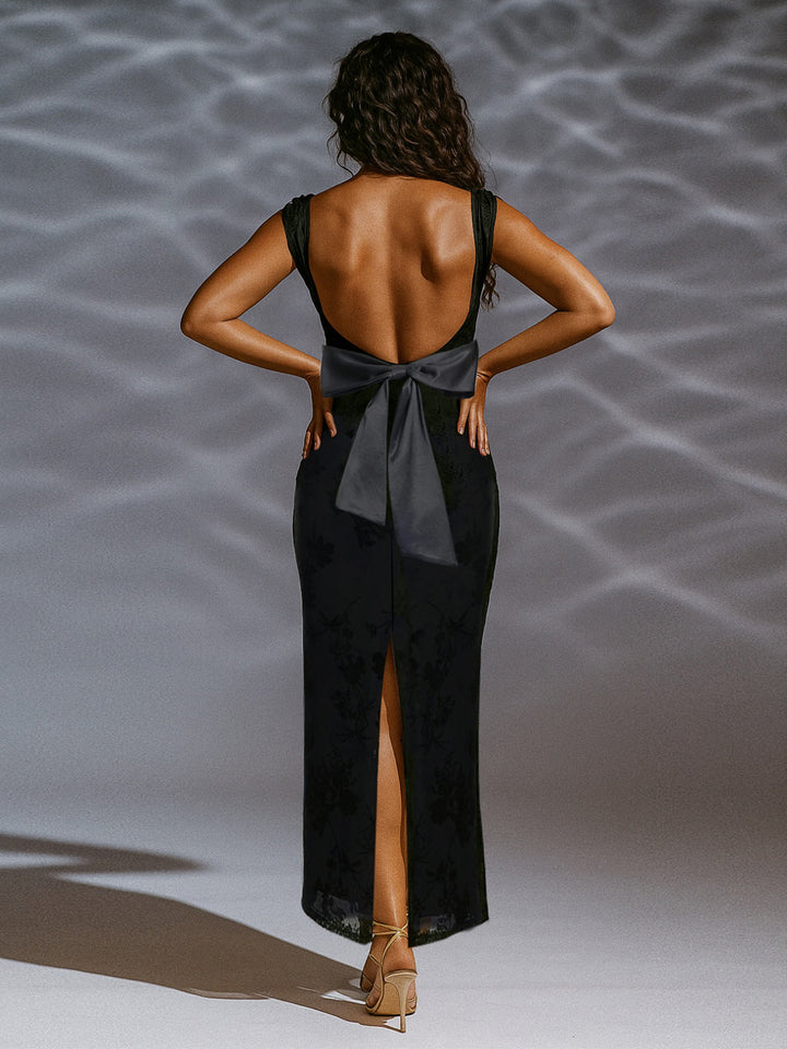 Elegant Flocking Fabric Backless Back-Bow Cowl Neck Sleeveless Slit Midi Dresses