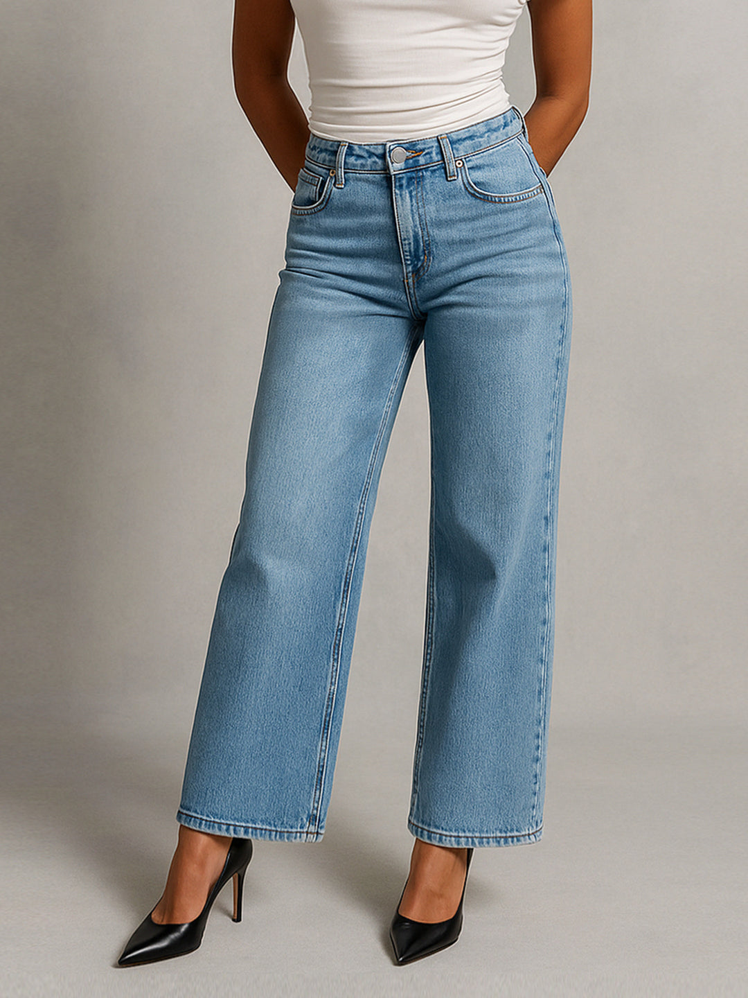 Casual Vintage Style Hellblau gewaschene Kontrastnähte Baggy Wide Leg Jeans