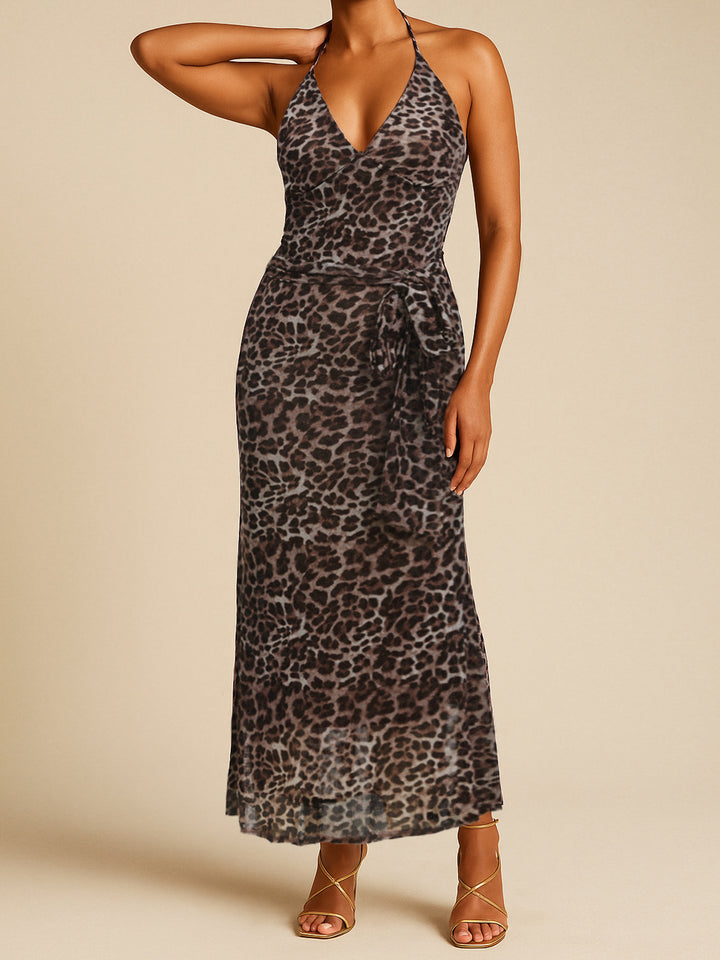 Sexy Elegant Glitter Leopard Print Back Ruched Belted Front V neck Halter Mermaid Maxi Dresses
