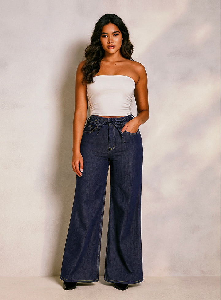 Casual Plain Wide Leg Drawstring Dark Blue Washed Jeans