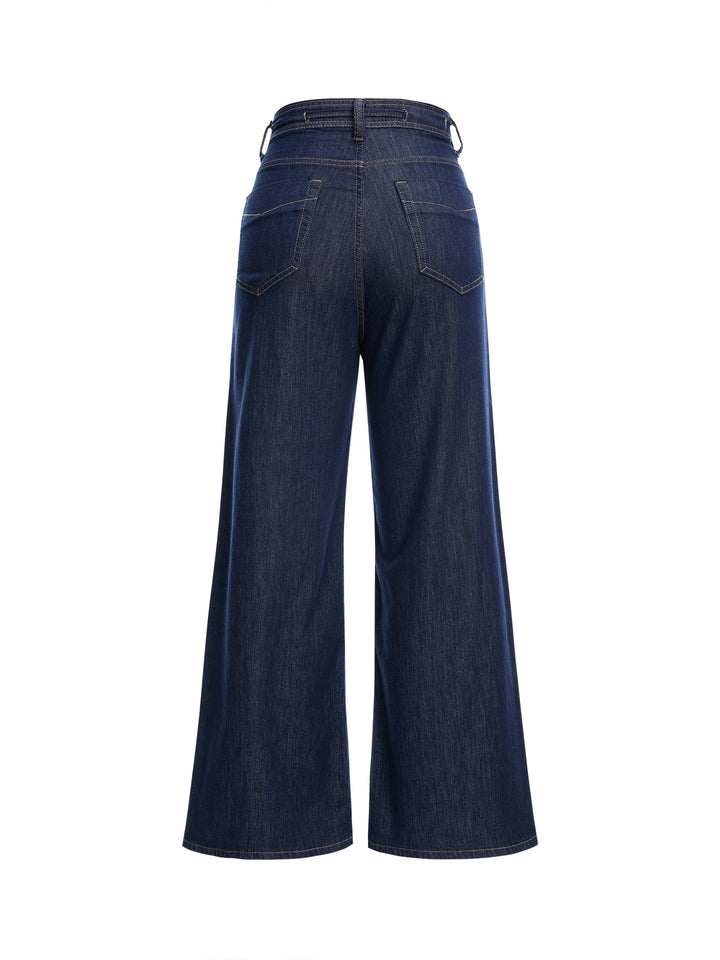 Casual Plain Wide Leg Drawstring Dark Blue Washed Jeans