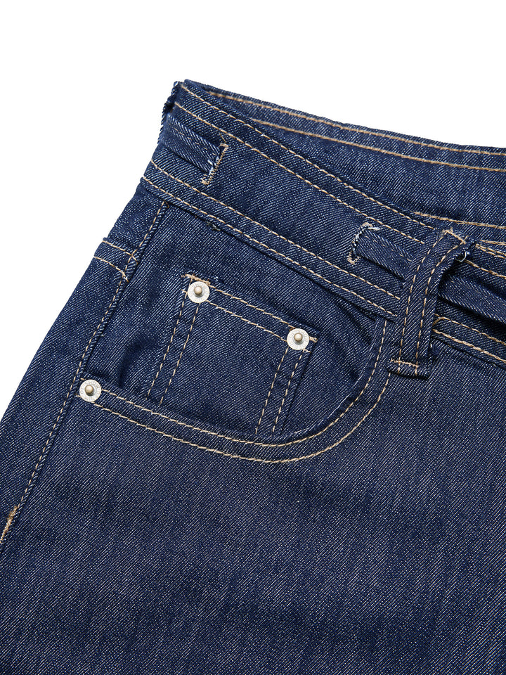 Casual Plain Wide Leg Drawstring Dark Blue Washed Jeans