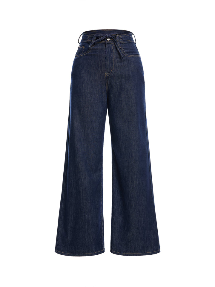 Casual Plain Wide Leg Drawstring Dark Blue Washed Jeans