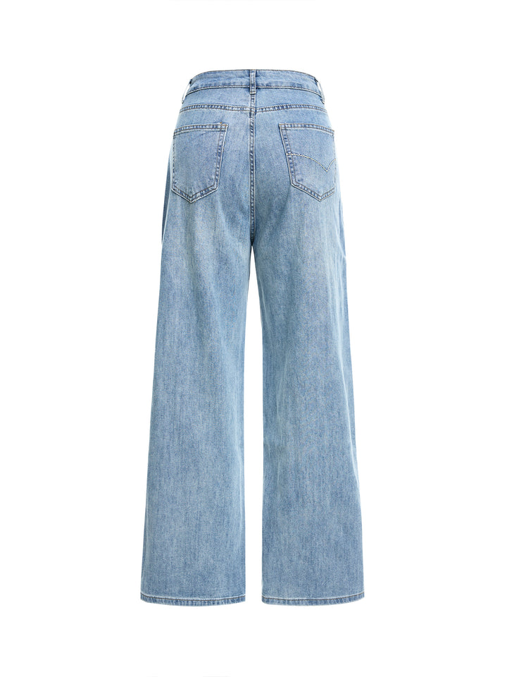 Casual Vintage Style Hellblau gewaschene Kontrastnähte Baggy Wide Leg Jeans