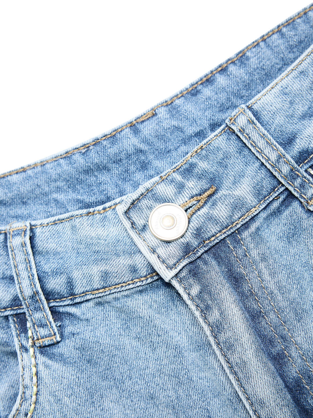 Casual Vintage Style Hellblau gewaschene Kontrastnähte Baggy Wide Leg Jeans