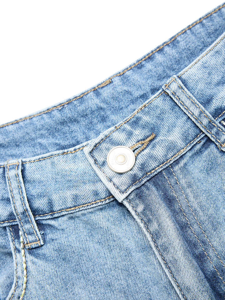 Casual Vintage Style Hellblau gewaschene Kontrastnähte Baggy Wide Leg Jeans