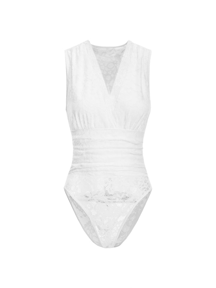 Bodysuit Elegant Floral Hollow Out Ruched V neck Women Jumpsuits & Bodysuits