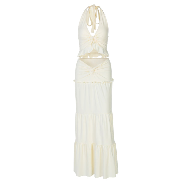 Boho Backless Lettuce Trim Ruched Twist Halter Women Two-piece Outfits