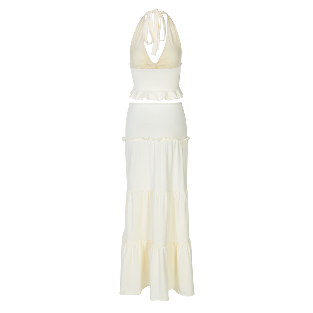 Boho Backless Lettuce Trim Ruched Twist Halter Women Two-piece Outfits