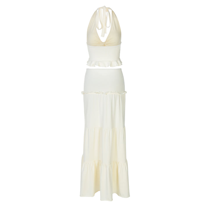 Boho Backless Lettuce Trim Ruched Twist Halter Women Two-piece Outfits