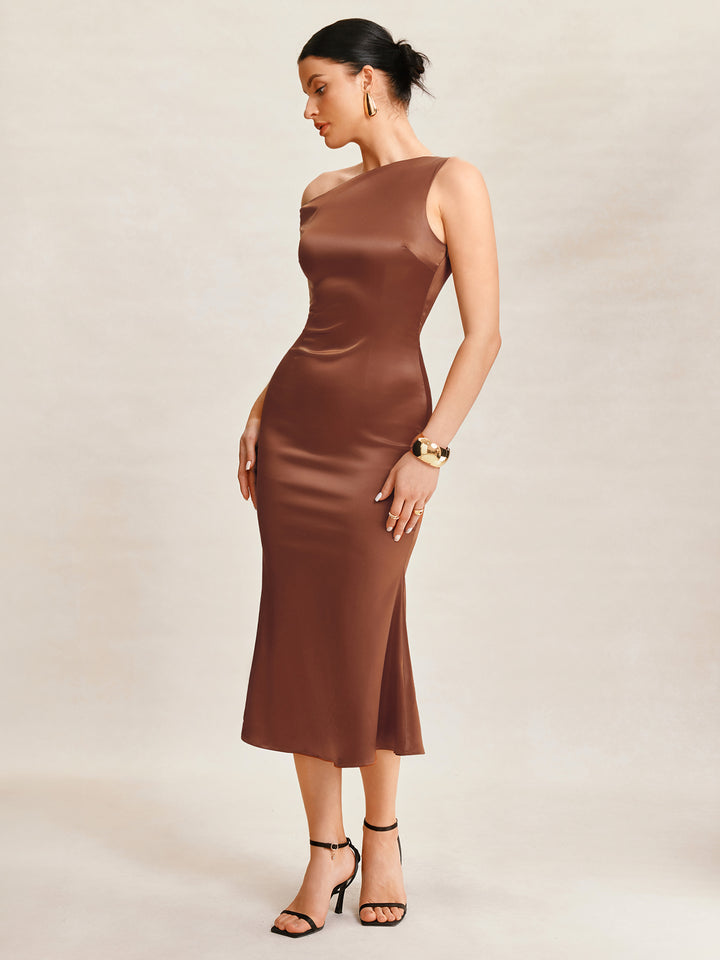 Mermaid Elegant Ruched Asymmetrical Neck Midi Women Dress