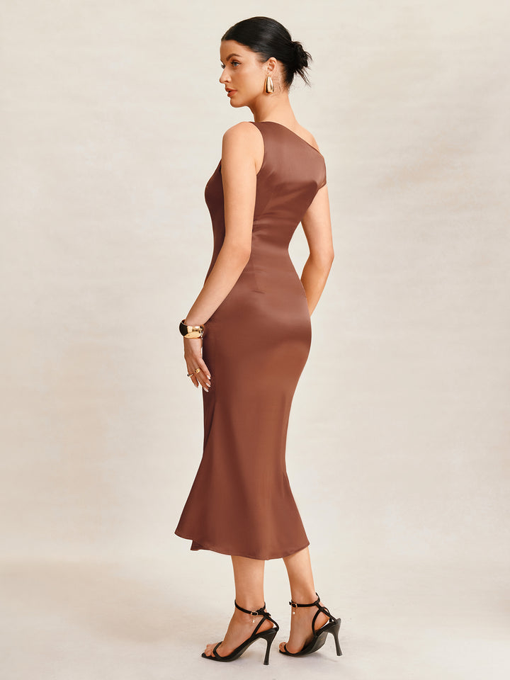 Mermaid Elegant Ruched Asymmetrical Neck Midi Women Dress