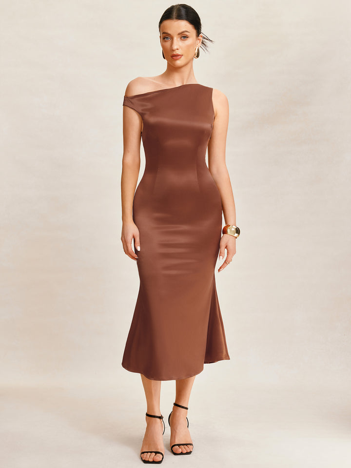 Mermaid Elegant Ruched Asymmetrical Neck Midi Women Dress