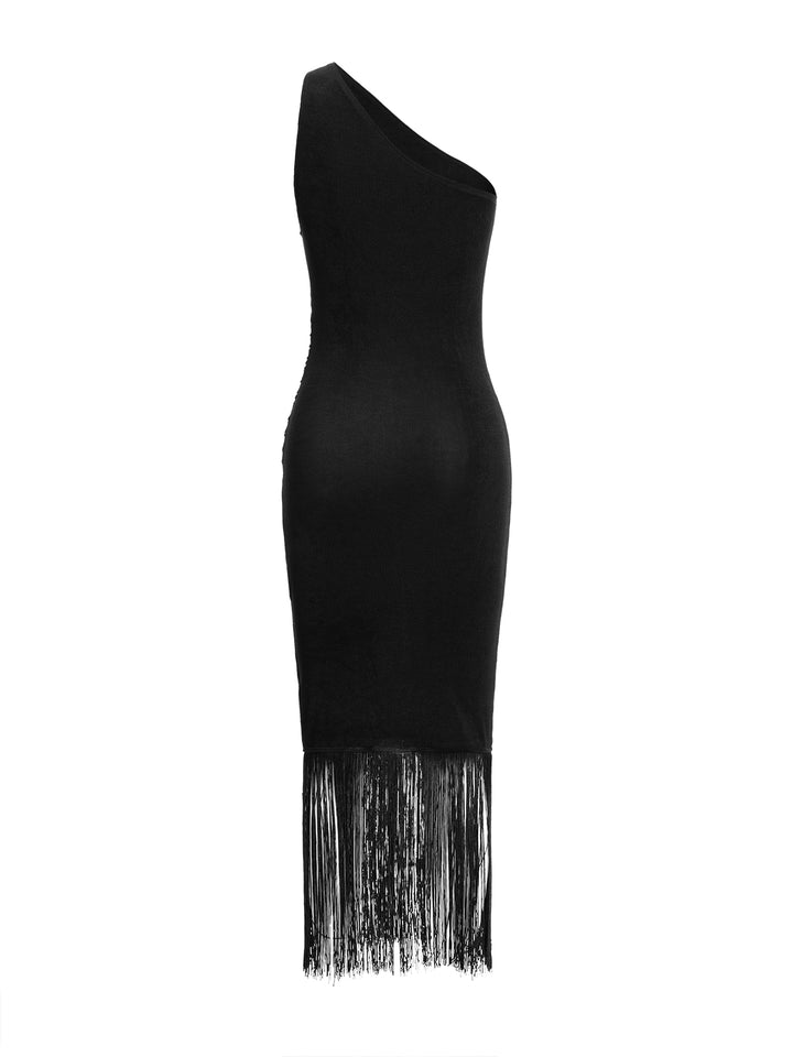 Boho Plain Tassel One Shoulder Sleeveless Midi Dresses