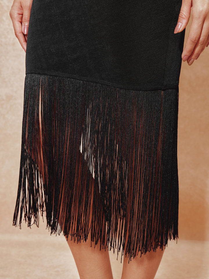 Boho Plain Tassel One Shoulder Sleeveless Midi Dresses