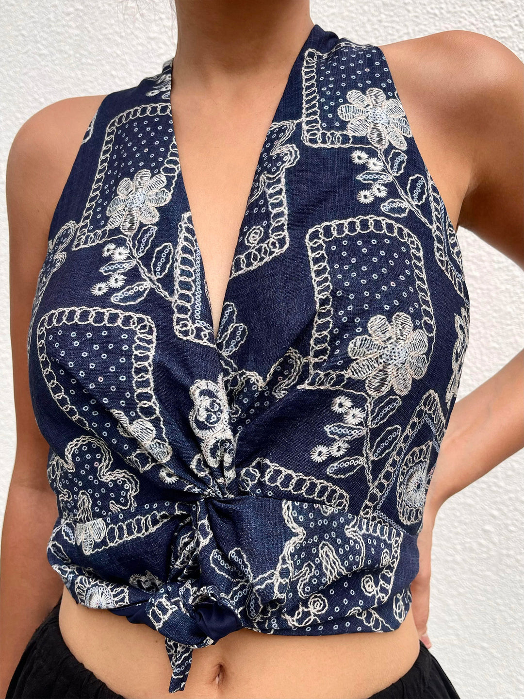 Boho Floral Patchwork Slit Twist Zipper V neck Sleeveless Tank Tops