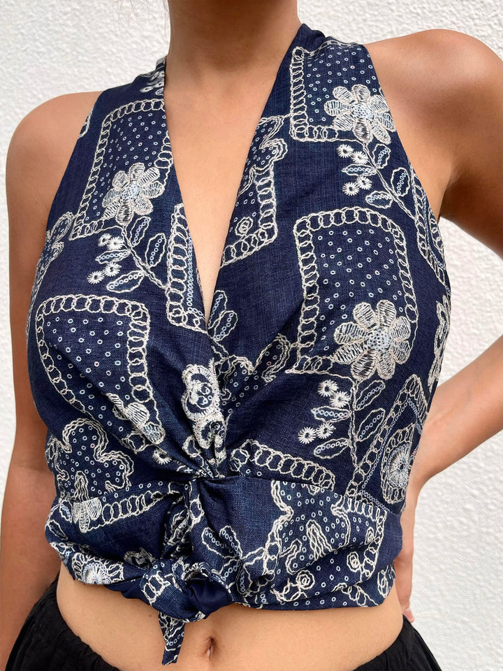 Boho Floral Patchwork Slit Twist Zipper V neck Sleeveless Tank Tops