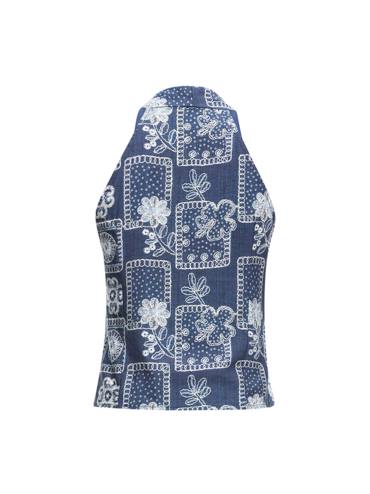 Boho Floral Patchwork Slit Twist Zipper V neck Sleeveless Tank Tops