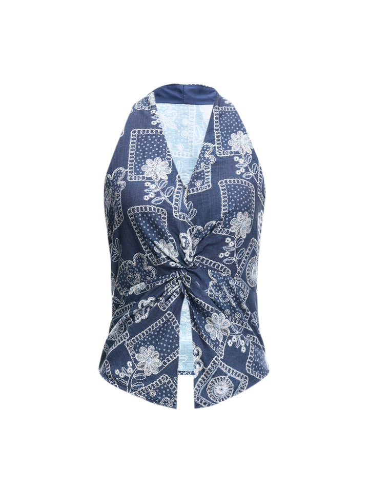 Boho Floral Patchwork Slit Twist Zipper V neck Sleeveless Tank Tops