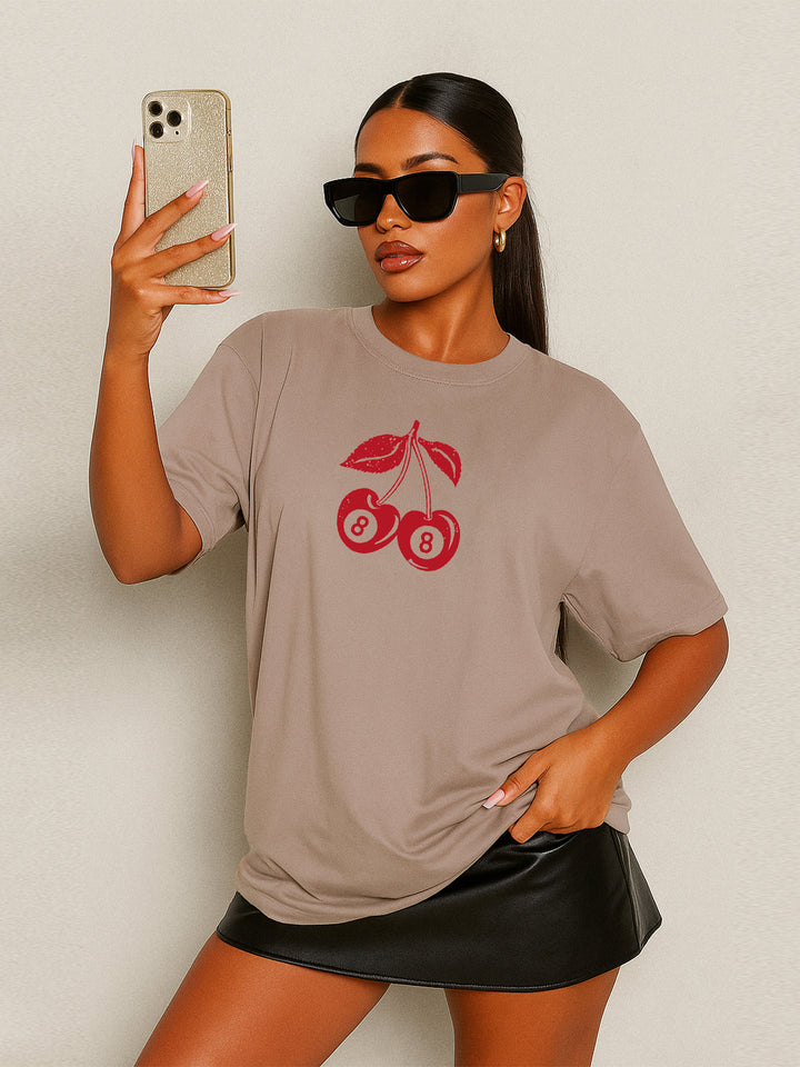 Casual Slogan/Butterfly/Cherry Bowling Graphics Printed Round Neck Short Sleeves Cotton Oversized Khaki T Shirt