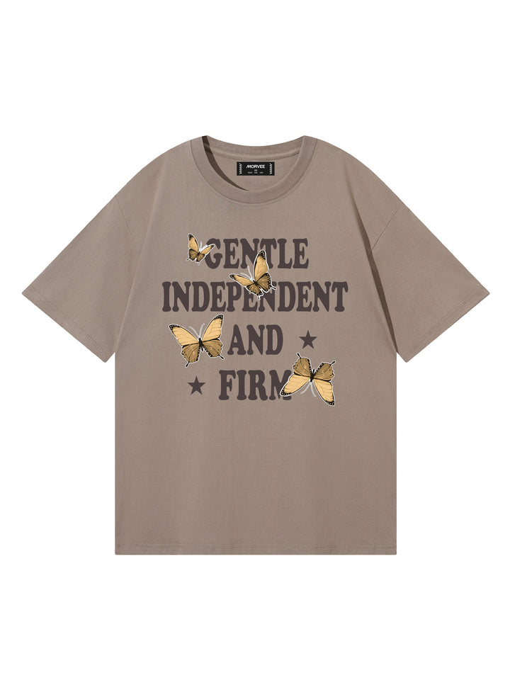 Casual Slogan/Butterfly/Cherry Bowling Graphics Printed Round Neck Short Sleeves Cotton Oversized Khaki T Shirt