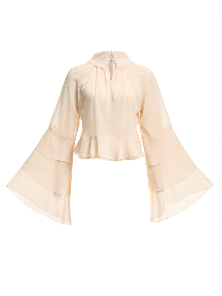 Chiffon Boho Plain Layered Ruffle High Neck Long Sleeve Blouse