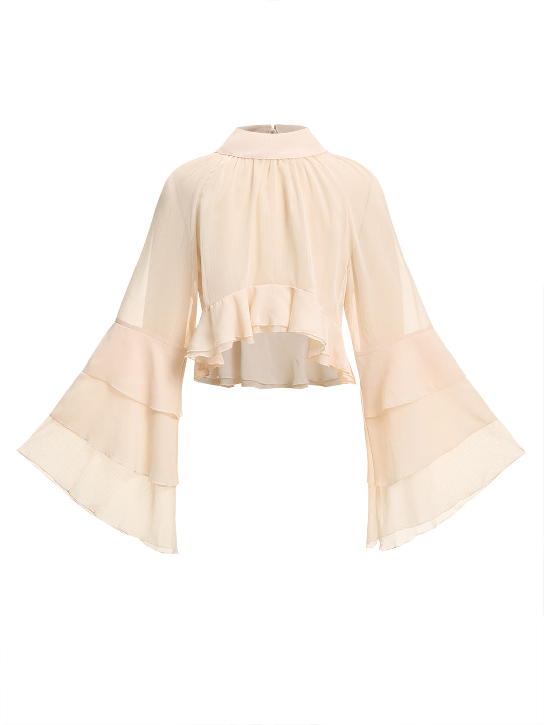 Chiffon Boho Plain Layered Ruffle High Neck Long Sleeve Blouse