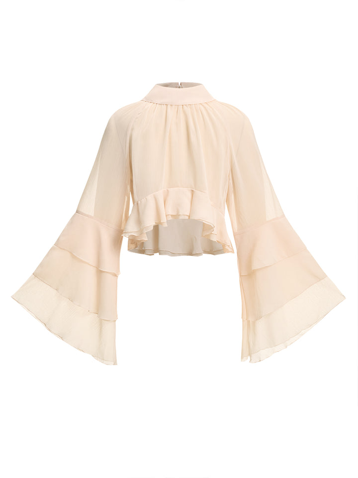 Chiffon Boho Plain Layered Ruffle High Neck Long Sleeve Blouse