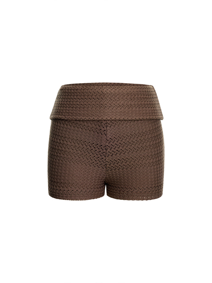 Boho Random Crochet Textured Fabric Fold-Waist  Mini Shorts