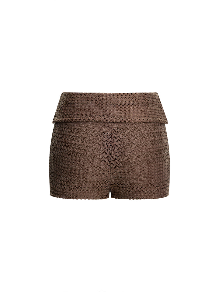 Boho Random Crochet Textured Fabric Fold-Waist  Mini Shorts