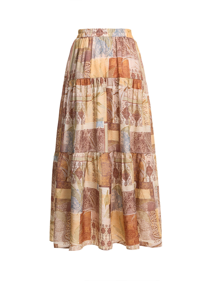 Boho Patchwork überall drucken eine Linie Rüschen Hem Midi Frauen Röcke