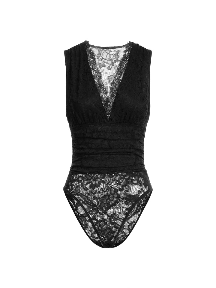 Bodysuit Elegant Floral Hollow Out Ruched V neck Women Jumpsuits & Bodysuits