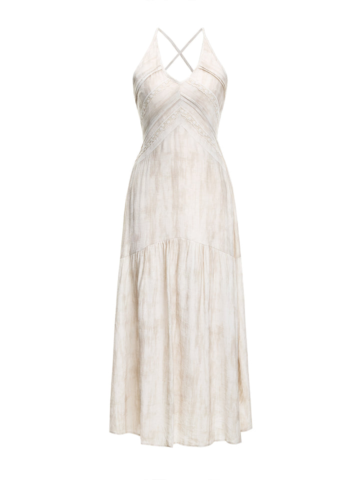 Boho Tie-Dye All Over Print V neck Pleated Lace Trimmed Back Shirred A-Line Summer Women Maxi Sun Dress