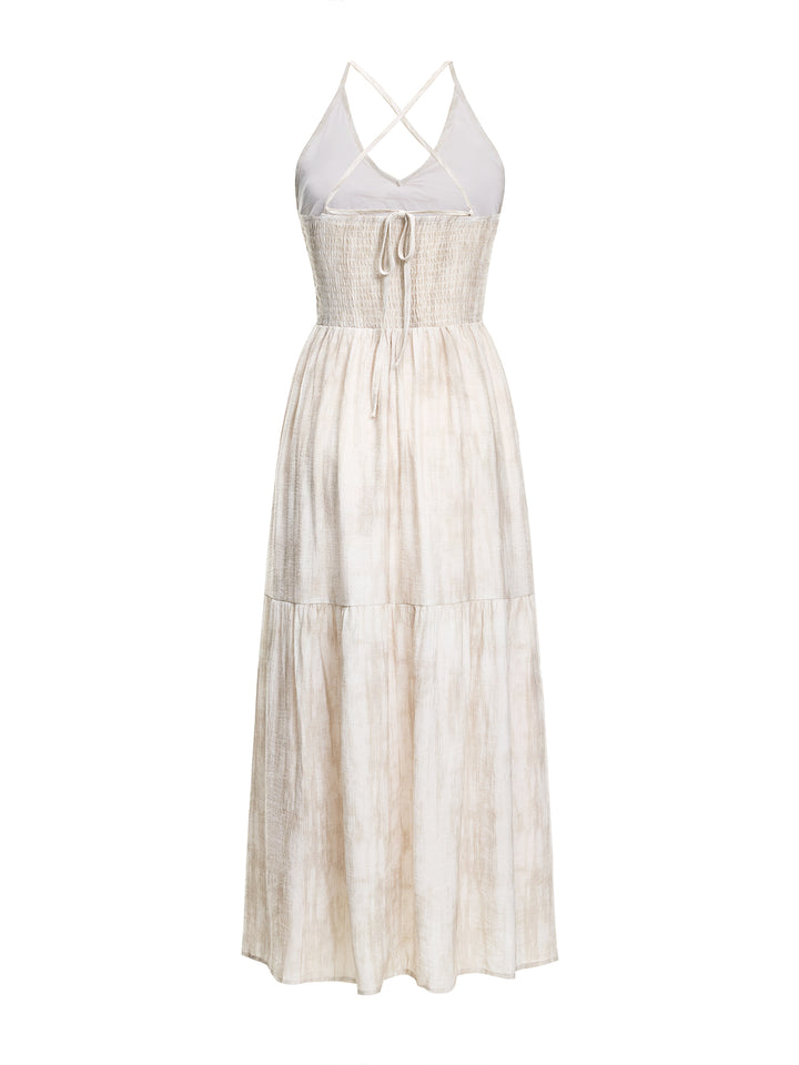Boho Tie-Dye All Over Print V neck Pleated Lace Trimmed Back Shirred A-Line Summer Women Maxi Sun Dress