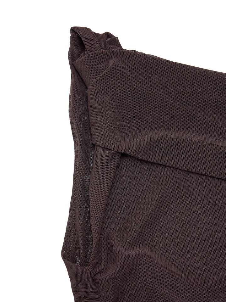 Casual Plain PU Belted Asymmetrical Cowl Neck Twist Shoulder Drop-Waist Ruched Maxi Mesh Dresses