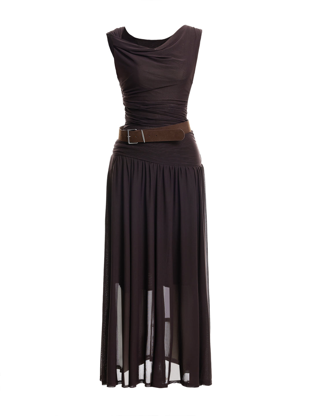 Casual Plain PU Belted Asymmetrical Cowl Neck Twist Shoulder Drop-Waist Ruched Maxi Mesh Dresses