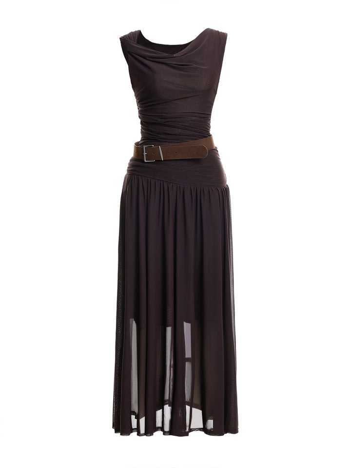 Casual Plain PU Belted Asymmetrical Cowl Neck Twist Shoulder Drop-Waist Ruched Maxi Mesh Dresses