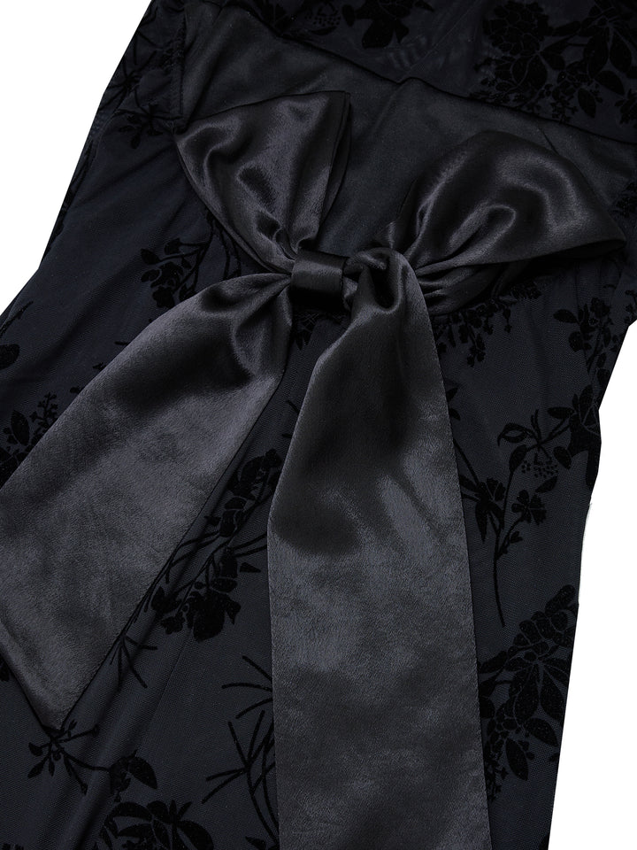 Elegant Flocking Fabric Backless Back-Bow Cowl Neck Sleeveless Slit Midi Dresses