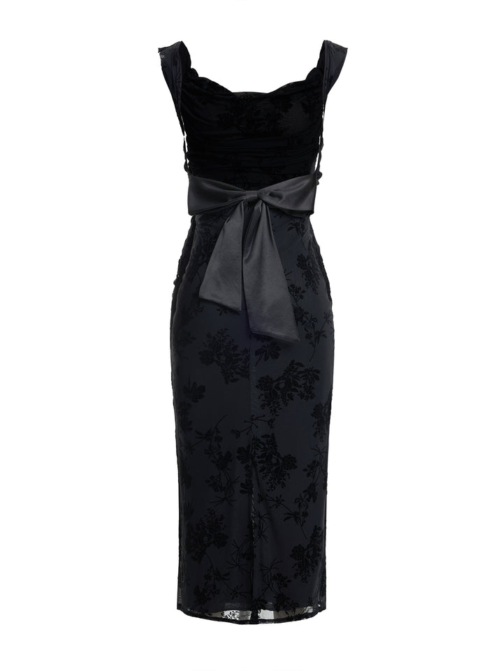 Elegant Flocking Fabric Backless Back-Bow Cowl Neck Sleeveless Slit Midi Dresses