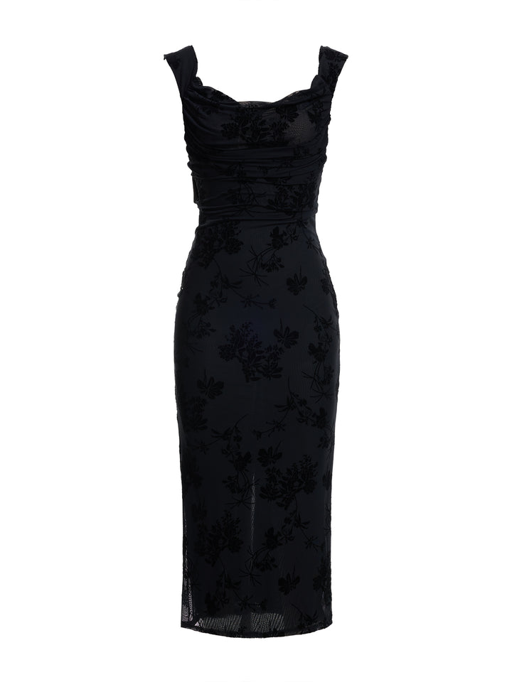 Elegant Flocking Fabric Backless Back-Bow Cowl Neck Sleeveless Slit Midi Dresses