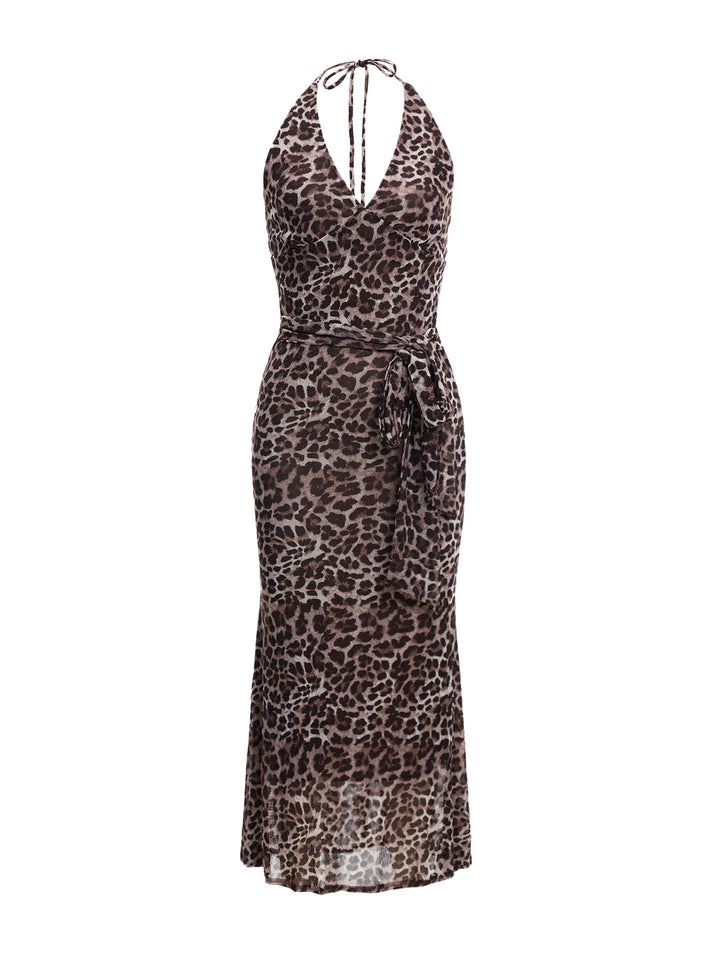 Sexy Elegant Glitter Leopard Print Back Ruched Belted Front V neck Halter Mermaid Maxi Dresses