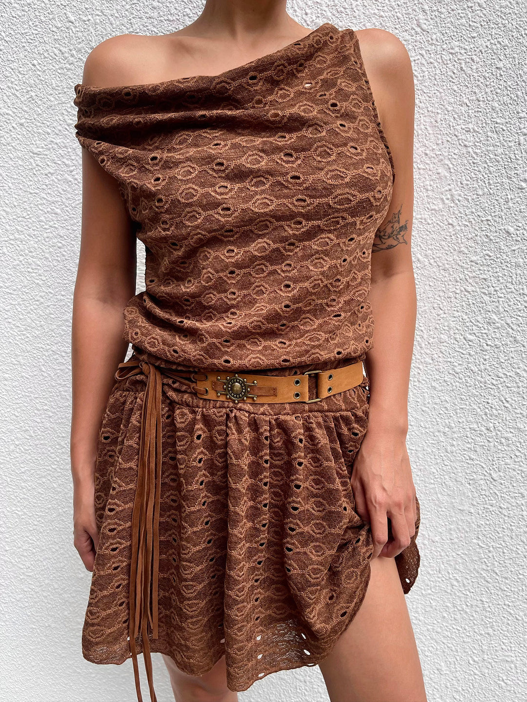 Boho Plain Plain Belted Draped Ruched Cowl Neck Sleeveless Mini A Line Dresses