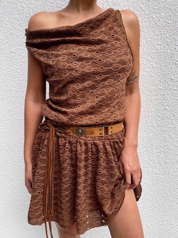 Boho Plain Plain Belted Draped Ruched Cowl Neck Sleeveless Mini A Line Dresses