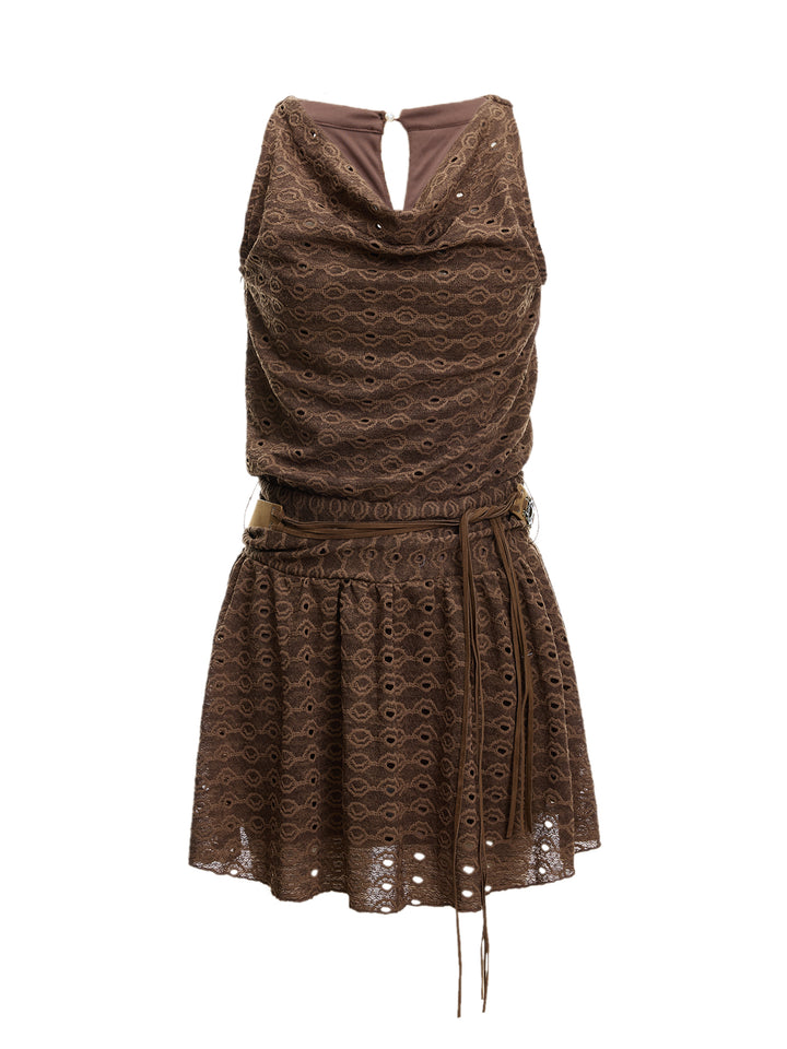 Boho Plain Plain Belted Draped Ruched Cowl Neck Sleeveless Mini A Line Dresses