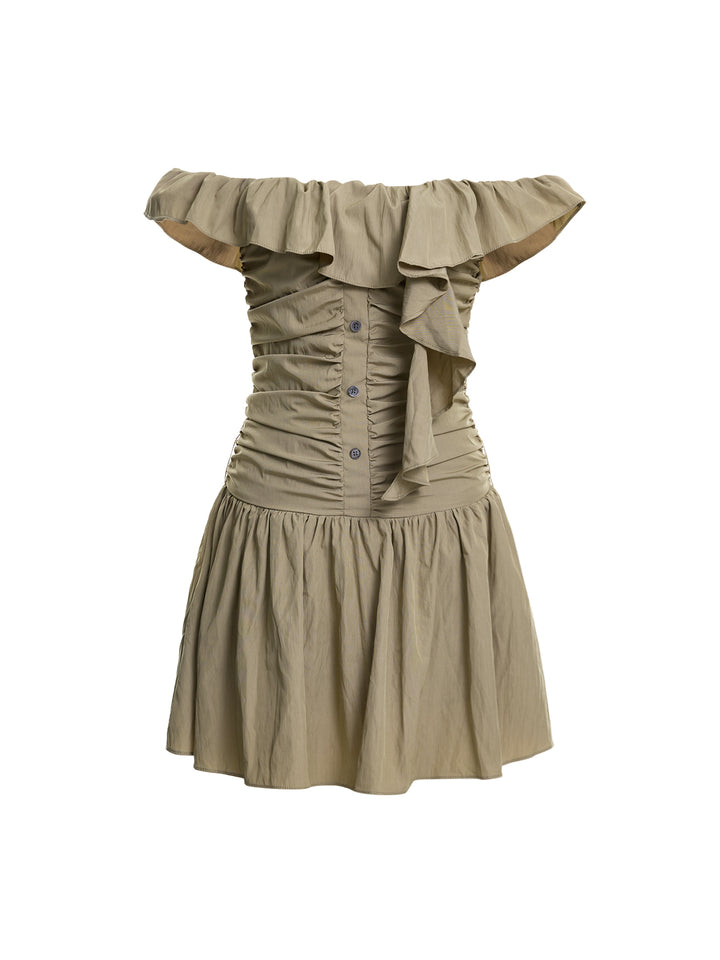 Casual Plain Draped Ruched Ruffle Off Shoulder Flounce Sleeve A Line Dresses