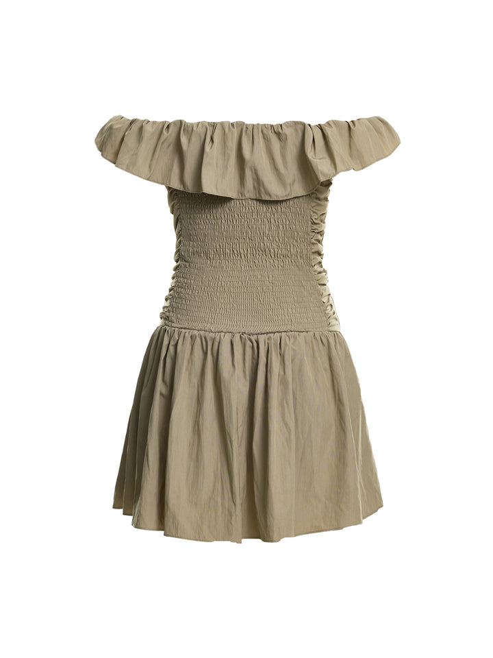 Casual Plain Draped Ruched Ruffle Off Shoulder Flounce Sleeve A Line Dresses