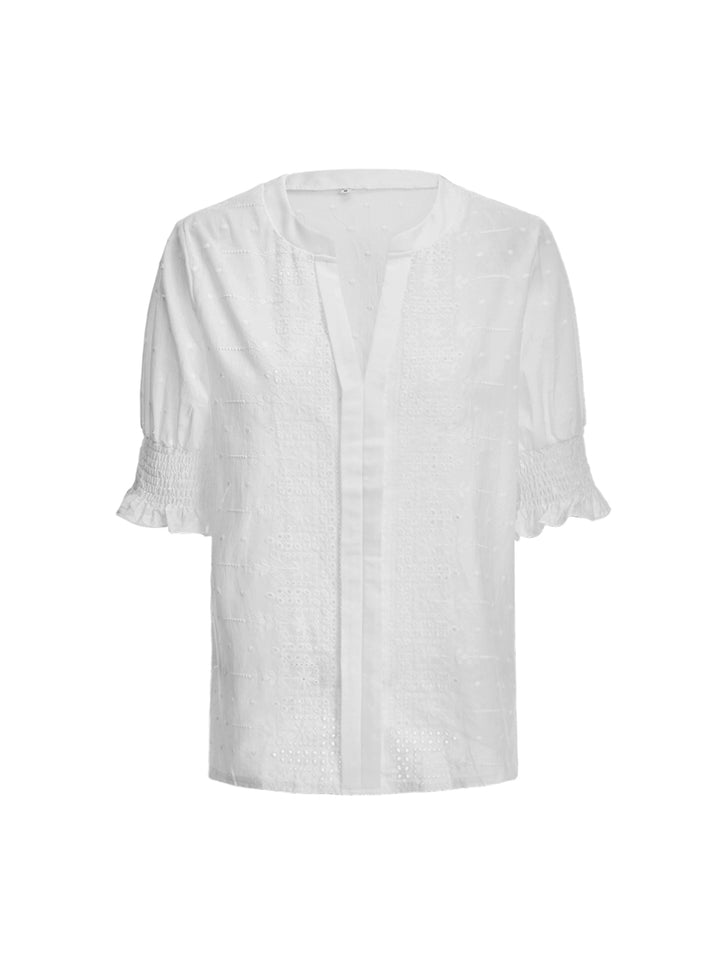 Half Placket Boho Floral Hollow Out Notched Neck Puff Sleeve Regular Women Blouses