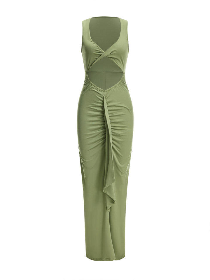 Gerade elegante Schnitt -Twist -N -Hals -Maxikorin -Frauen Kleid